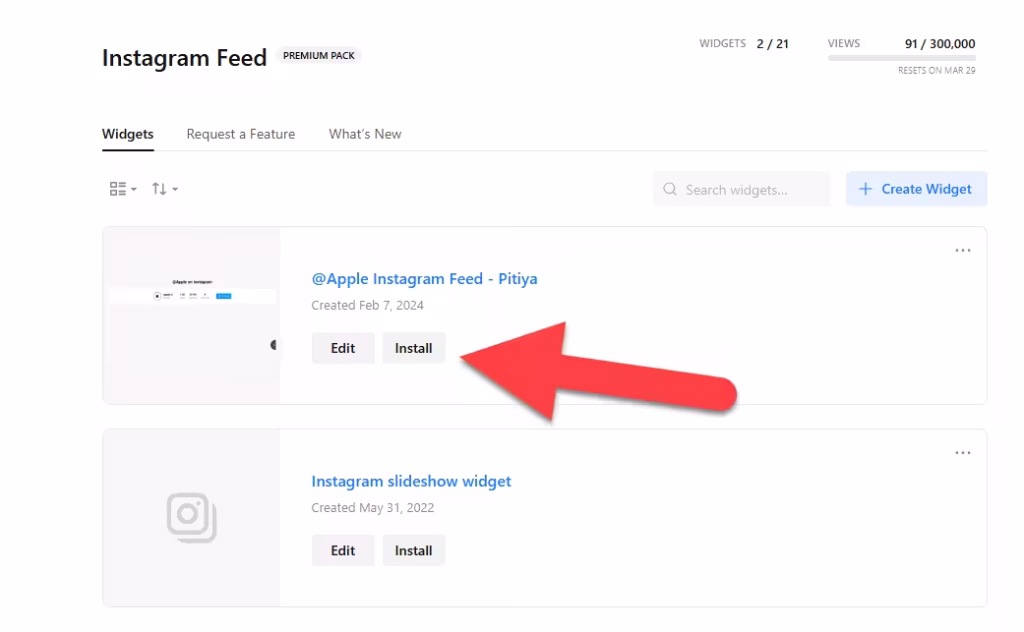 Instagram widget page