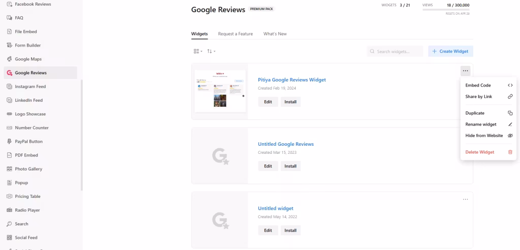 Manage Google Review Widgets