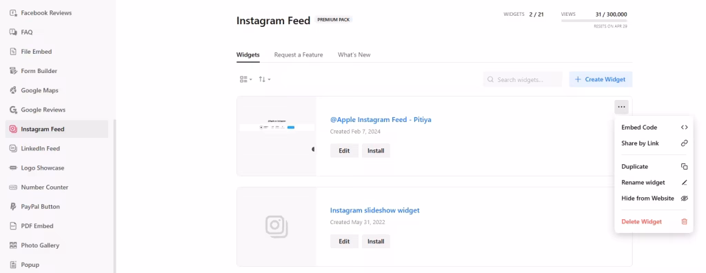 Manage Instagram Feed Widgets