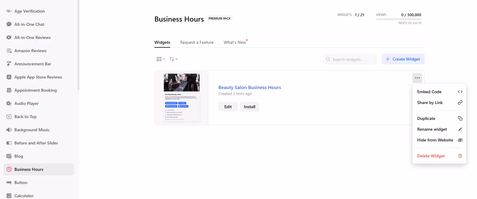 Manage Business Hours Widgets
