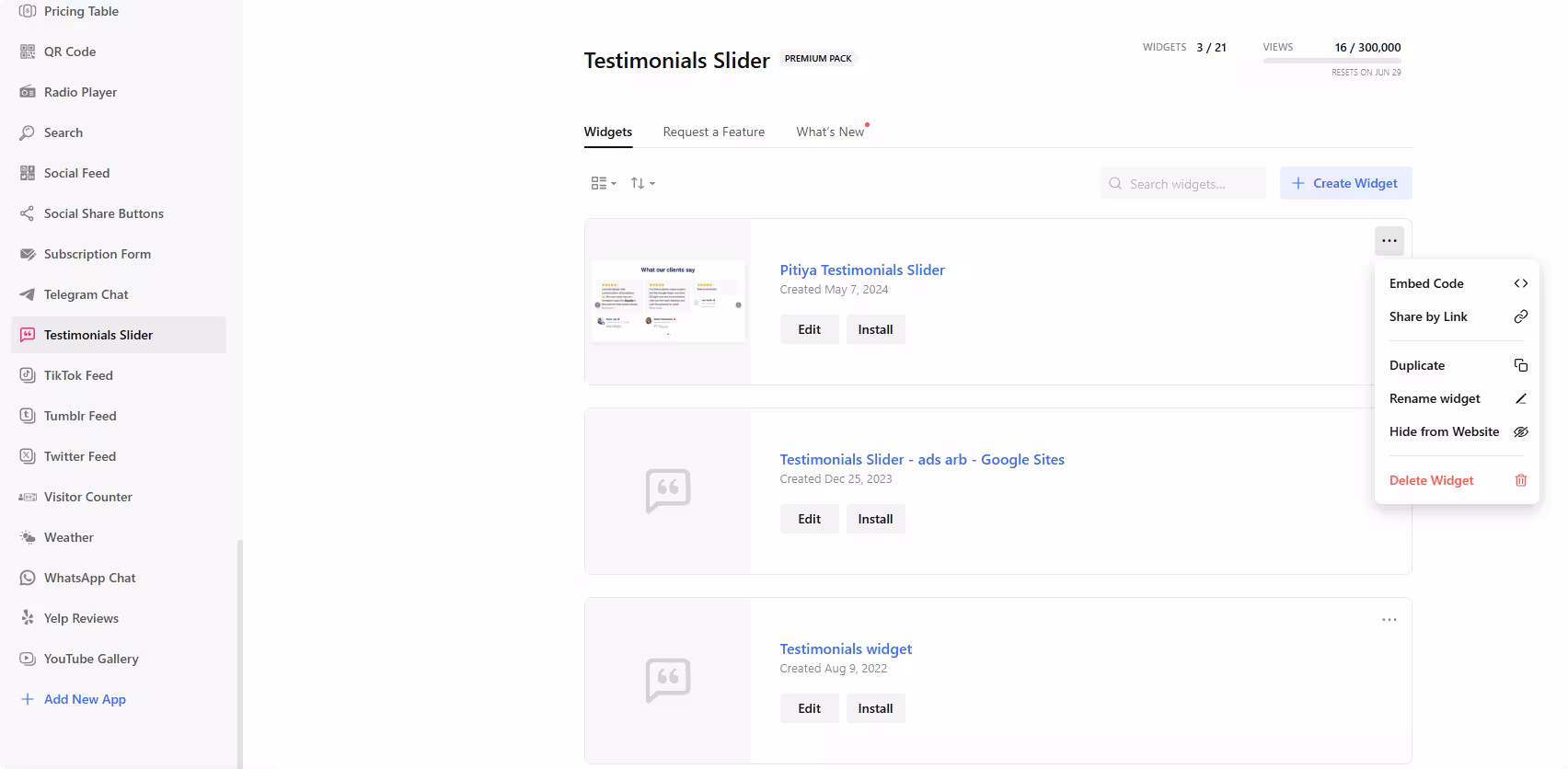 Manage Testimonial Slider Widgets