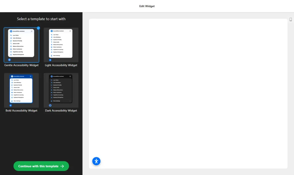 Accessibility widget builder with toolbar templates