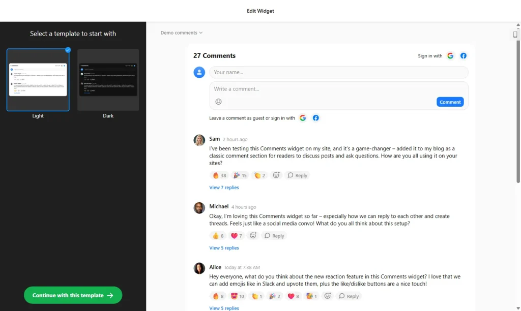 Comments widget builder with comment section templates