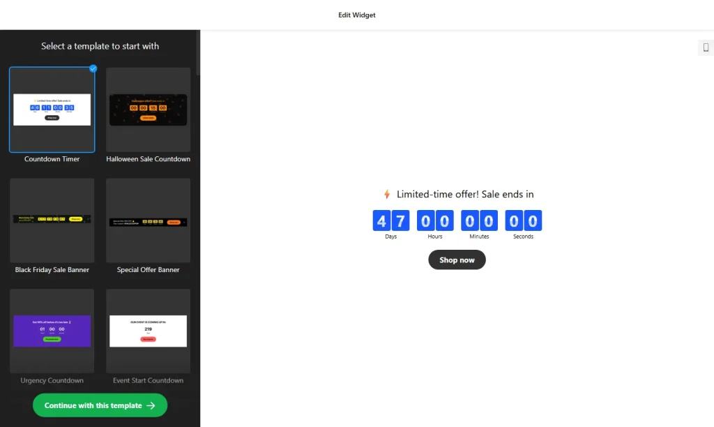 Countdown Timer widget builder with sale and event countdown templates
