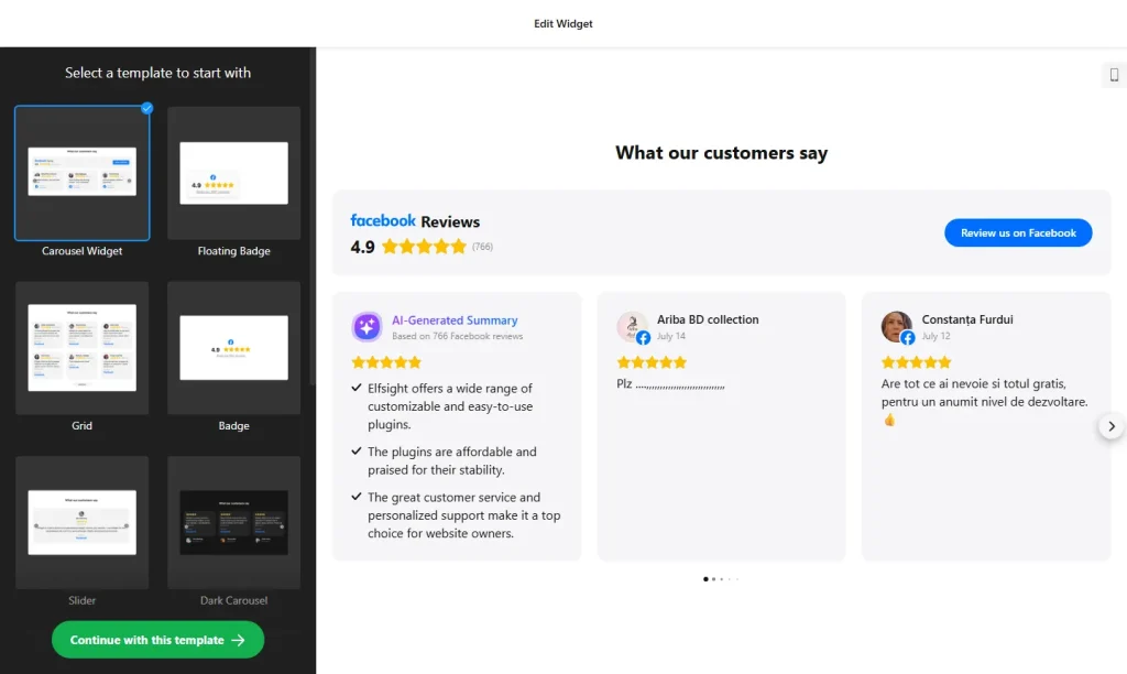 Facebook reviews widget builder with templates