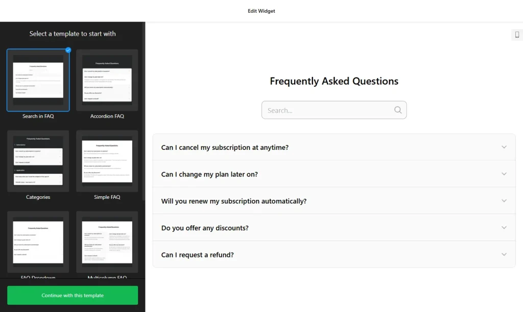 FAQ widget builder with accordion templates