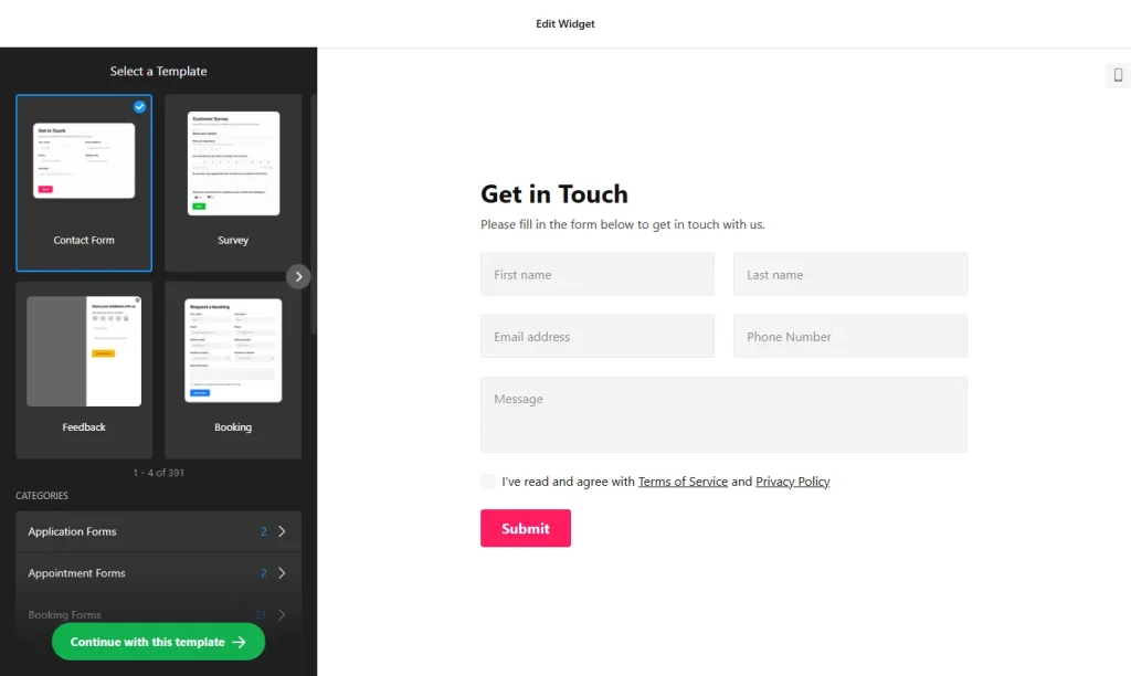 Form Builder widget builder with contact, survey, feedback and booking form templates
