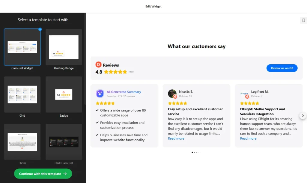G2 reviews widget builder with templates