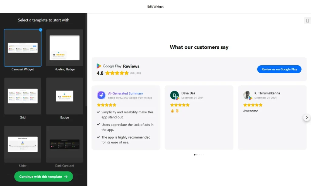 Google Play reviews widget builder with templates