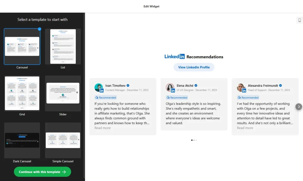 LinkedIn recommendations widget builder with templates