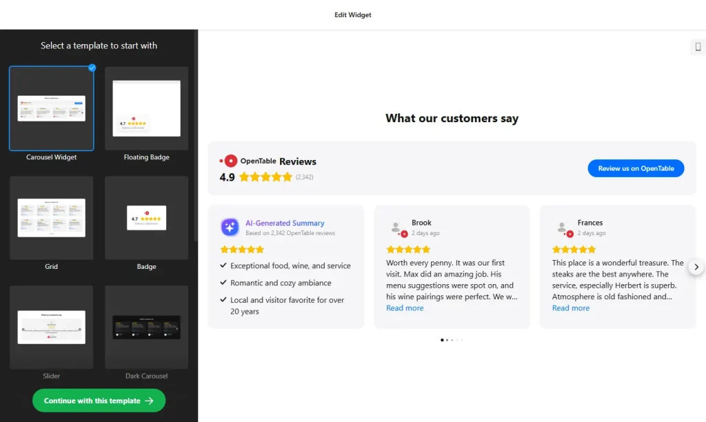 OpenTable reviews widget builder with templates