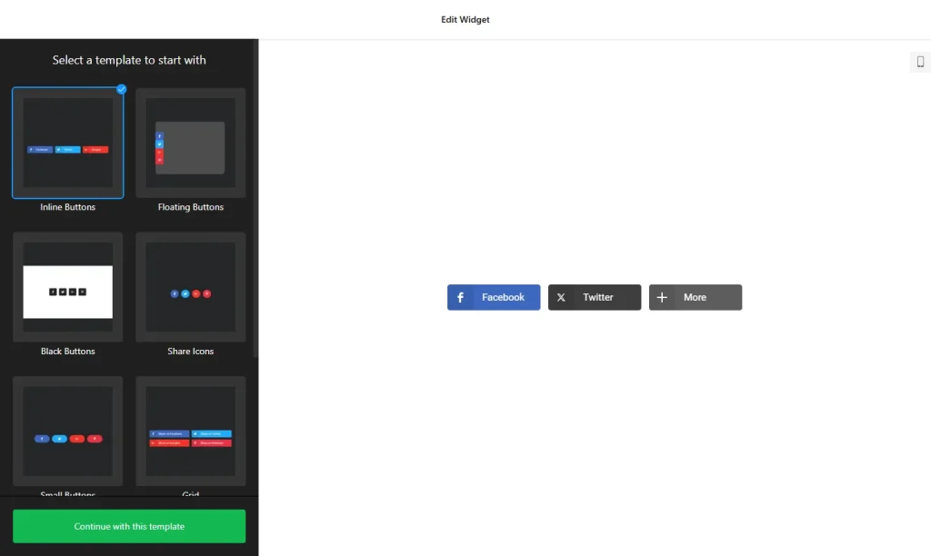 Social share buttons widget builder with button templates