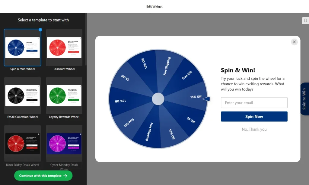 Spin the wheel widget builder with templates