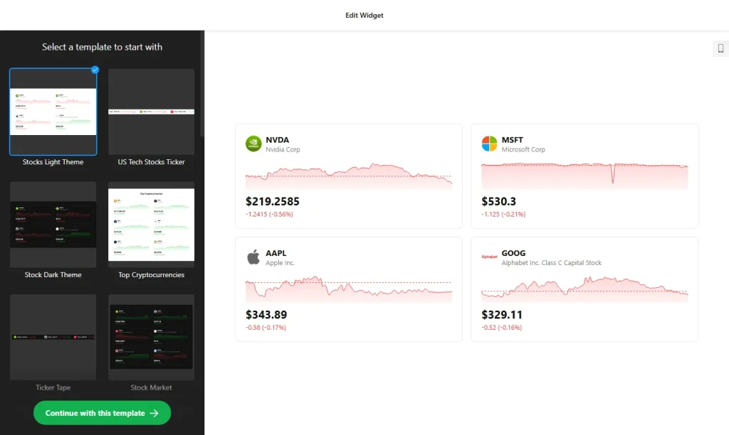 Stock ticker widget builder with layout templates