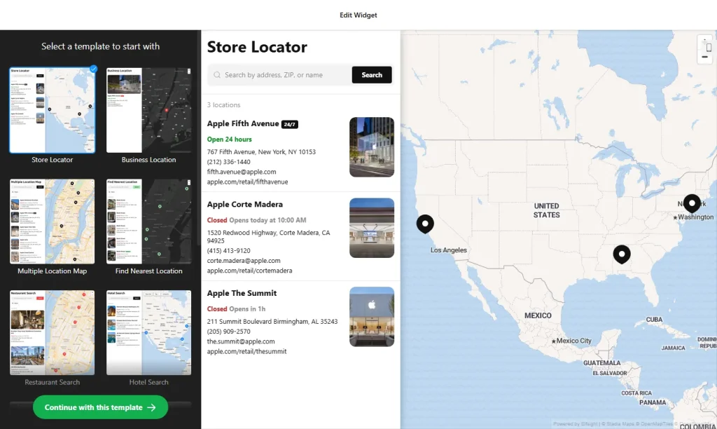 Store locator widget builder with map templates