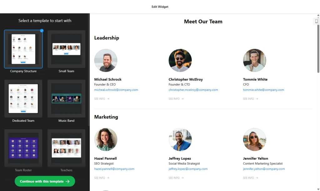 Team showcase widget builder with team page templates