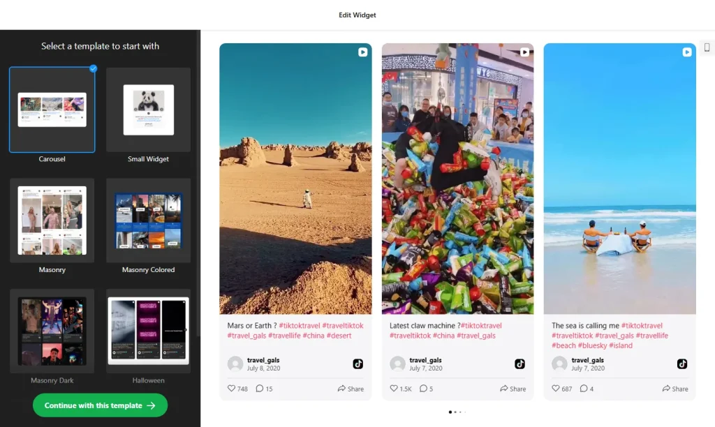 TikTok Feed widget builder with Carousel, Masonry and Slider templates