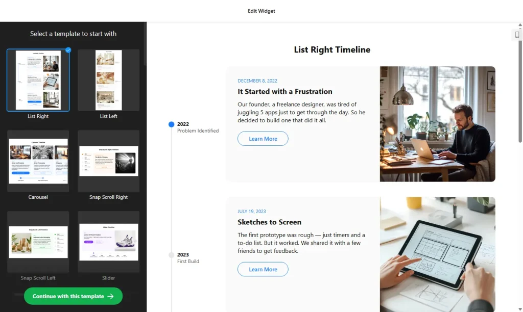 Timeline widget builder with timeline templates