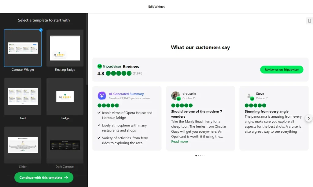 Tripadvisor reviews widget builder with templates