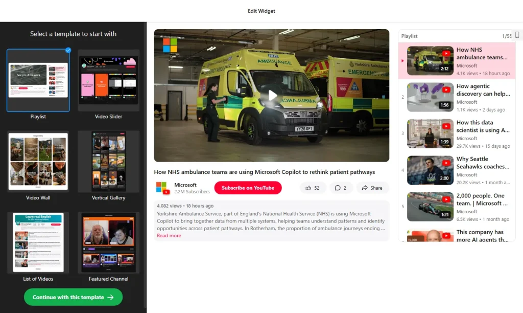 Video gallery widget builder with templates