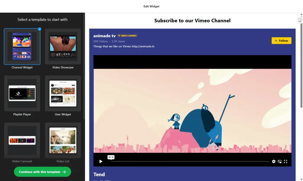 Vimeo gallery widget builder with templates