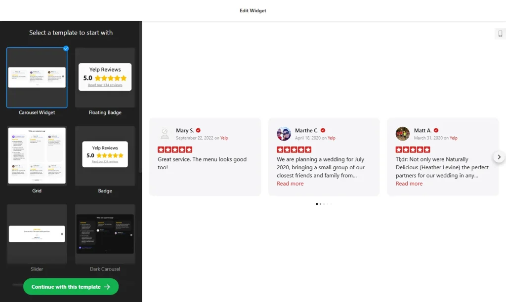 Yelp reviews widget builder with templates